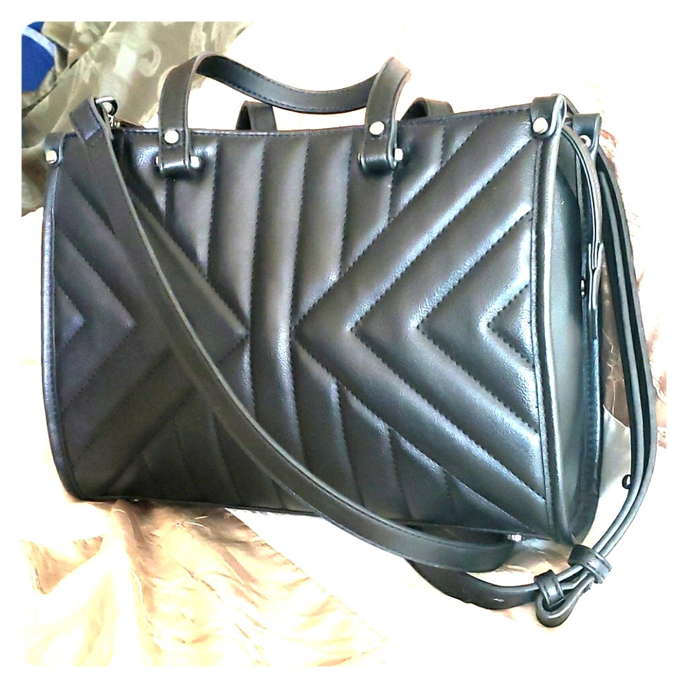 Black Faux Leather, Puff-Stitch Detailed Bag
